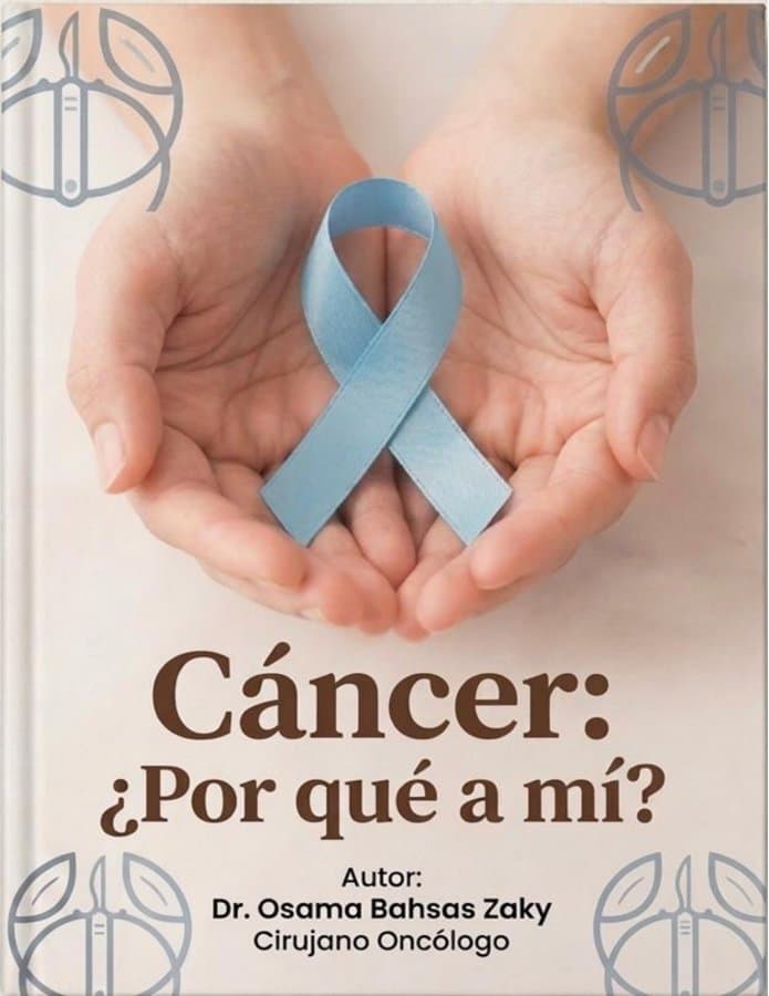 Portada del libro «Cáncer: ¿Por qué a mí?» del Dr. Osama Bahsas Zaky: manos sosteniendo un lazo azul