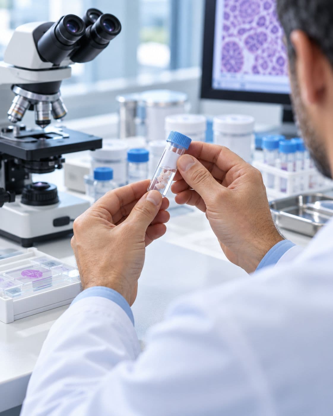 Médico con bata blanca sosteniendo un tubo con una muestra de biopsia junto a un microscopio