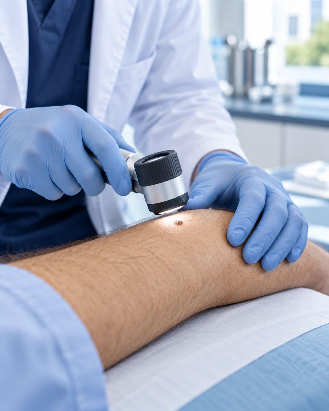 Médico examinando un lunar en el antebrazo de un paciente con un dermatoscopio