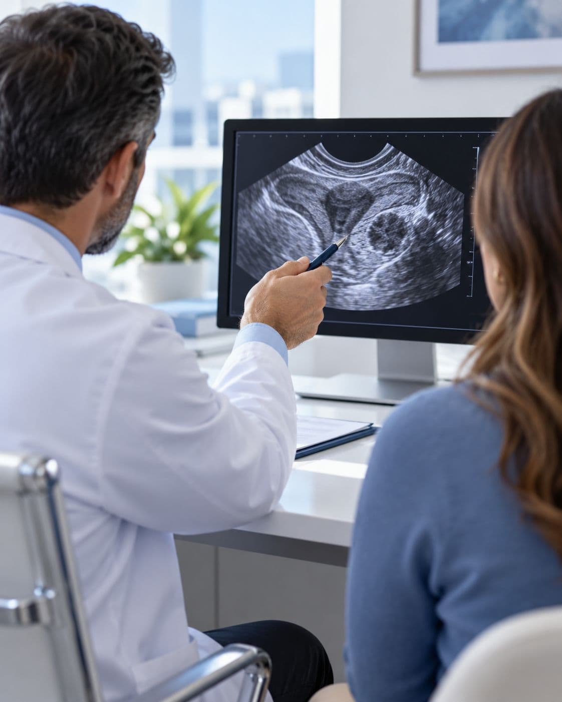 Médico explicando una ecografía pélvica en el monitor a una paciente durante la consulta